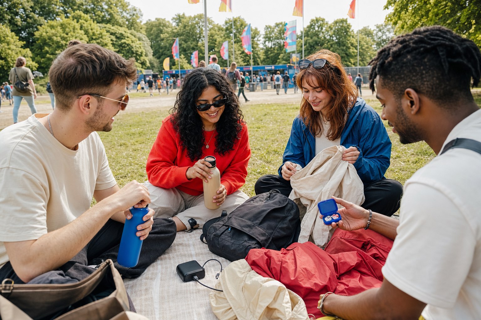 Vriendengroep pakt samen een lichte dagtas in op een festivalterrein