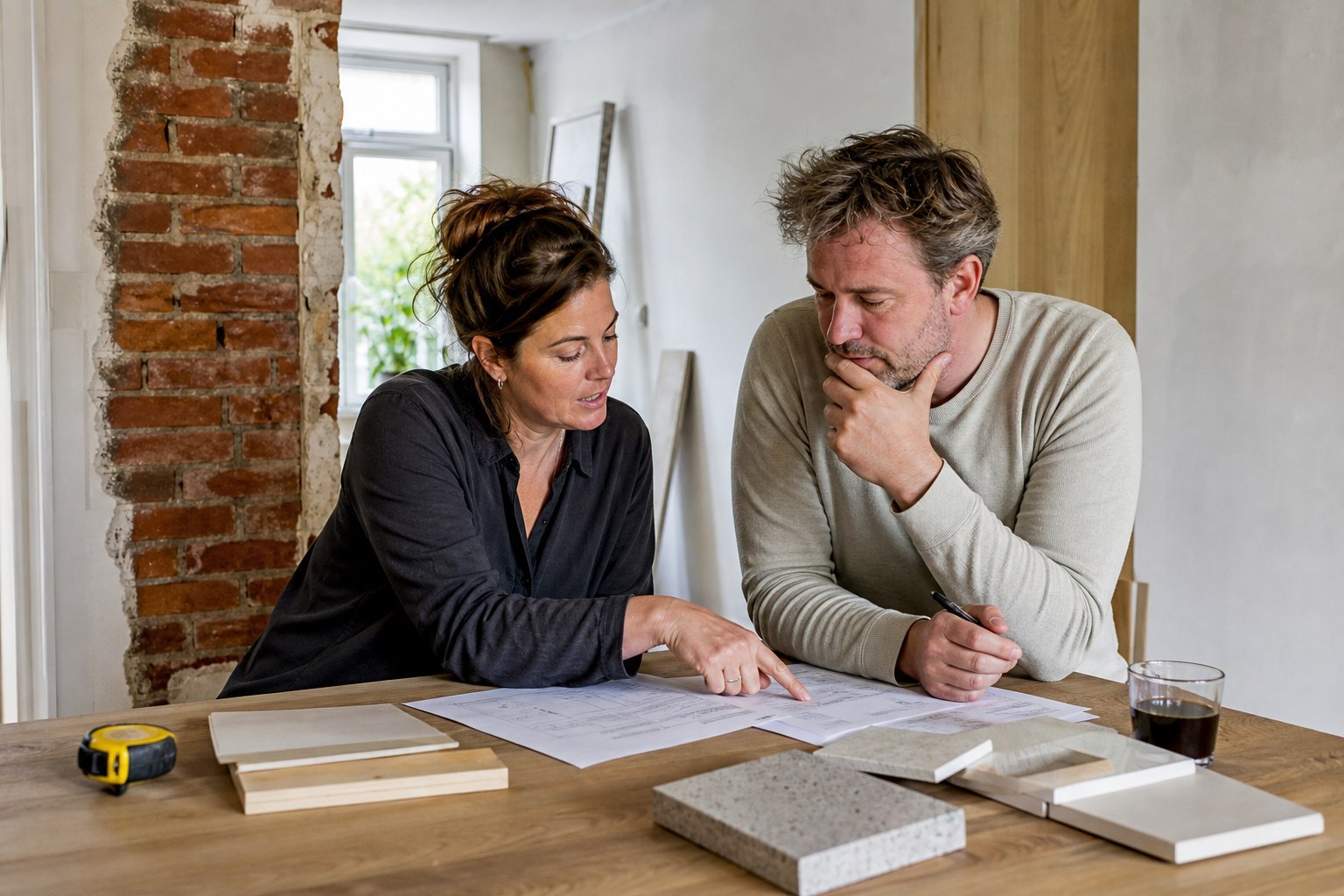 Bewoners bespreken bouwtekeningen en materiaalstalen aan een tafel