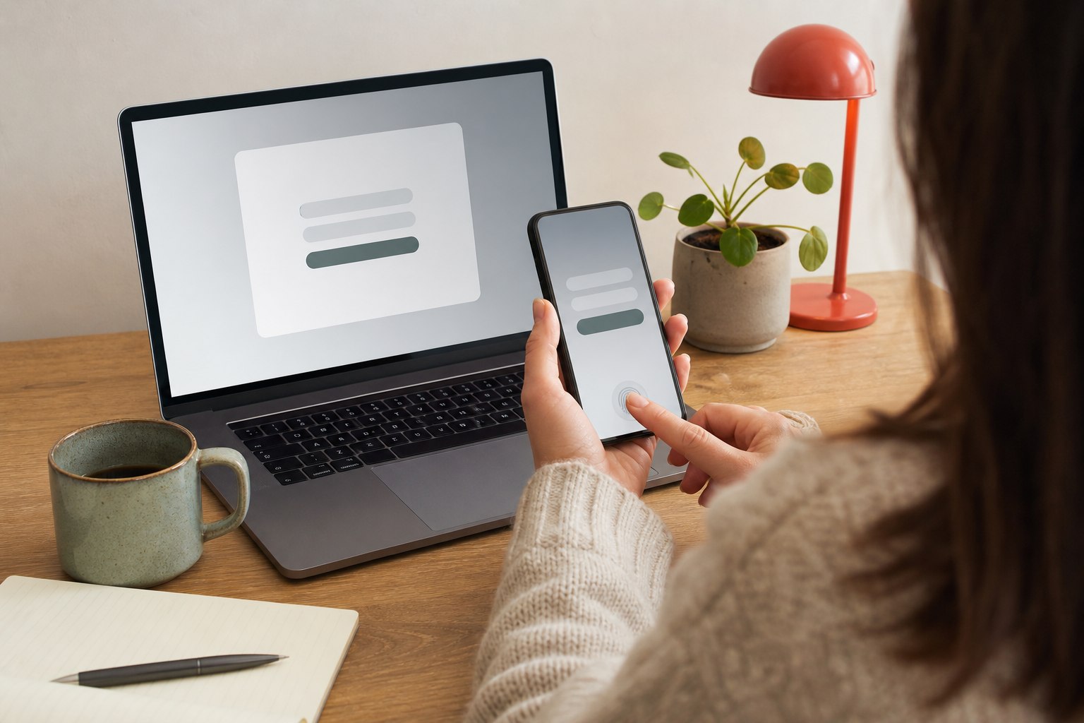 Persoon bevestigt een veilige aanmelding op een telefoon naast een laptop