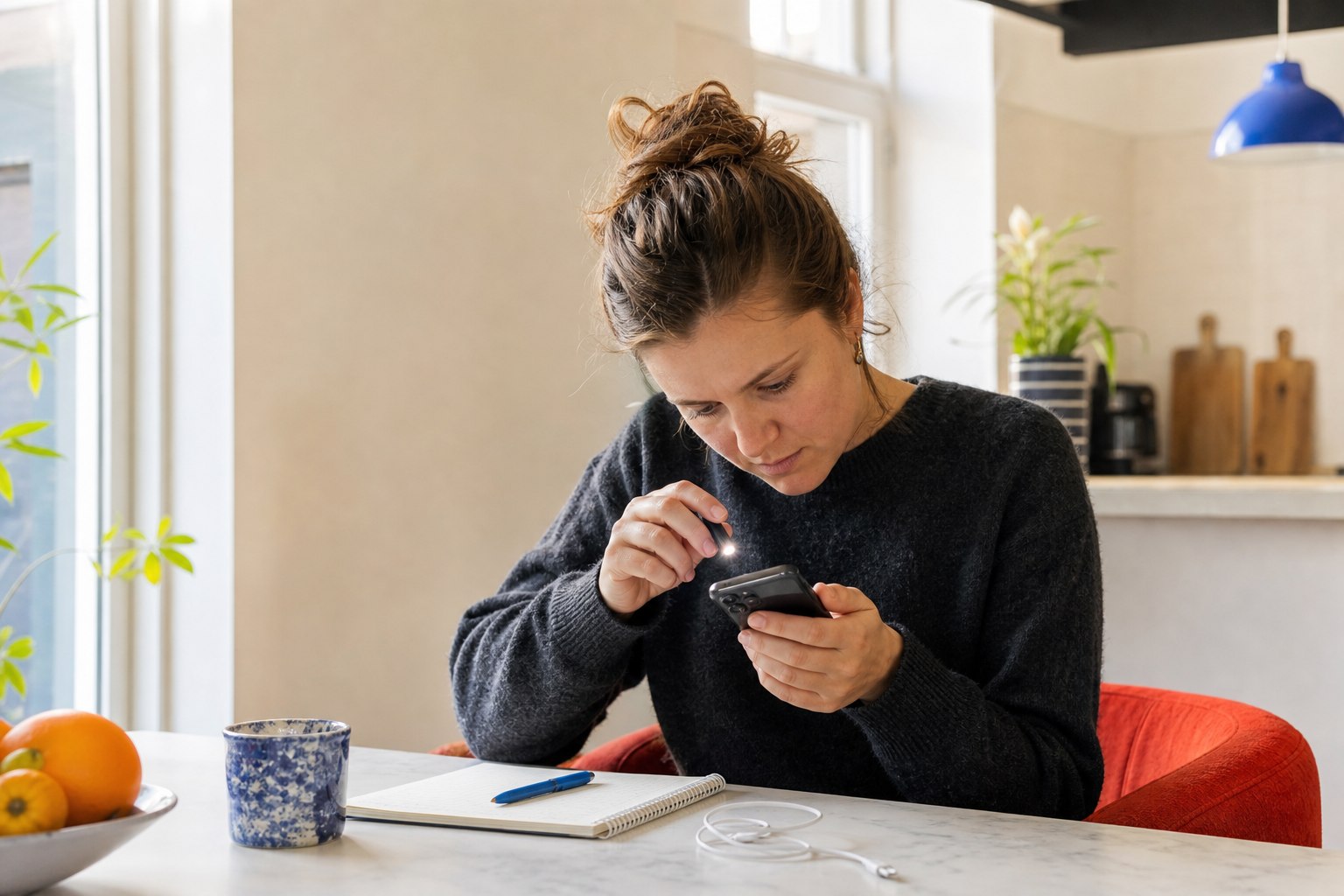 Vrouw inspecteert de behuizing en camera van een gebruikte smartphone bij daglicht
